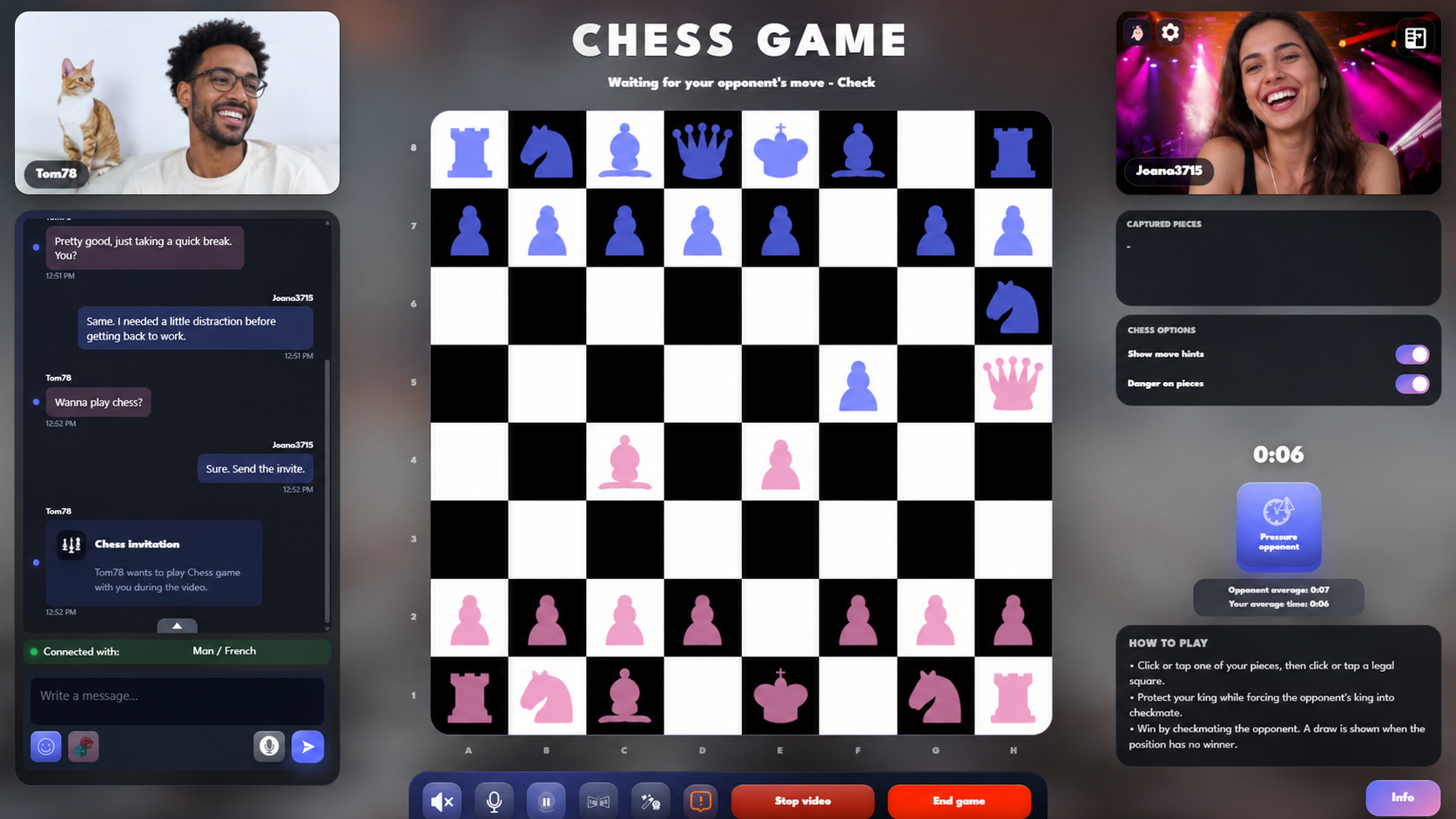 Figgliz chess game with webcam, chat, and real-time game controls