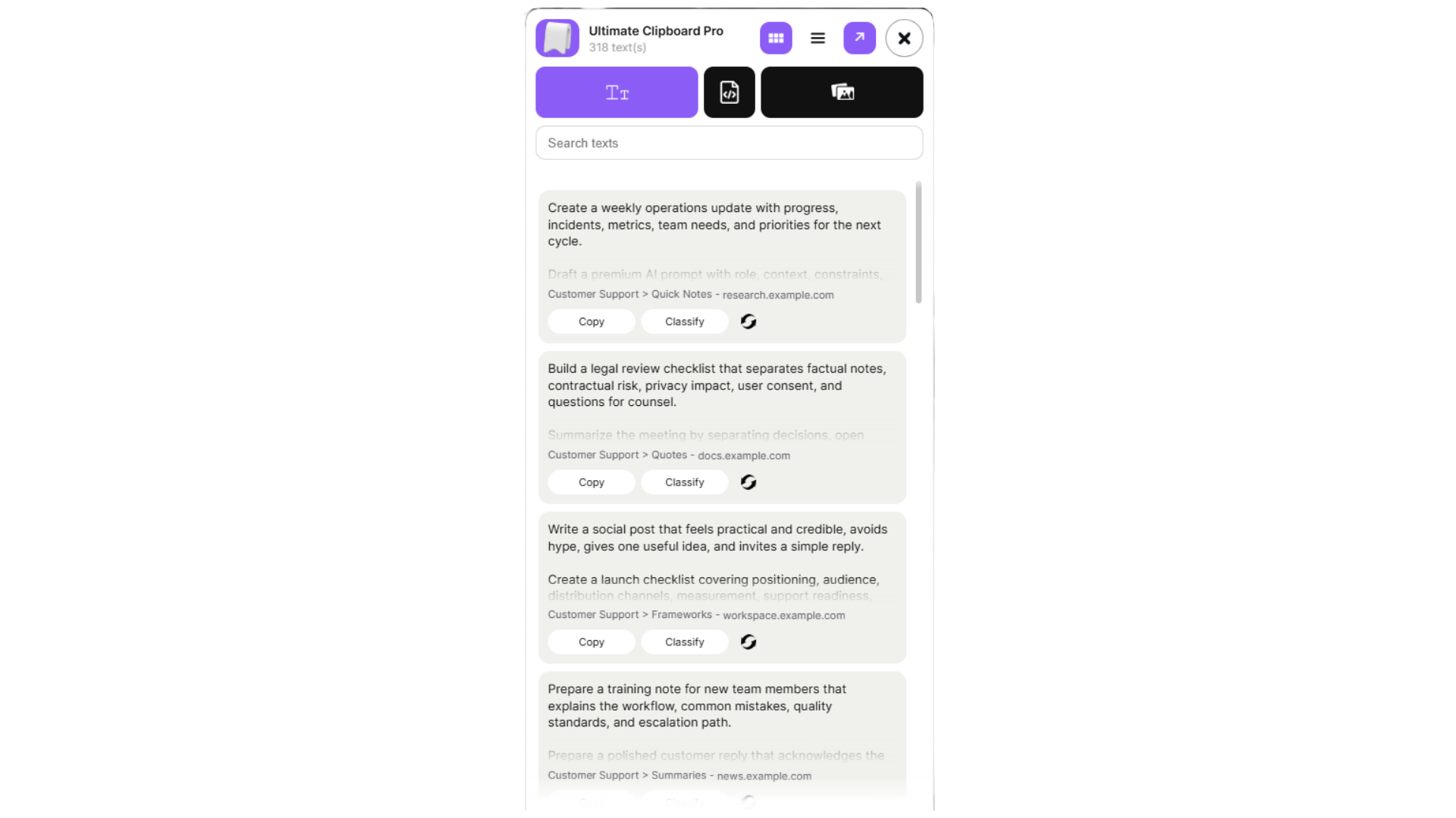 Ultimate Clipboard Pro side panel preview